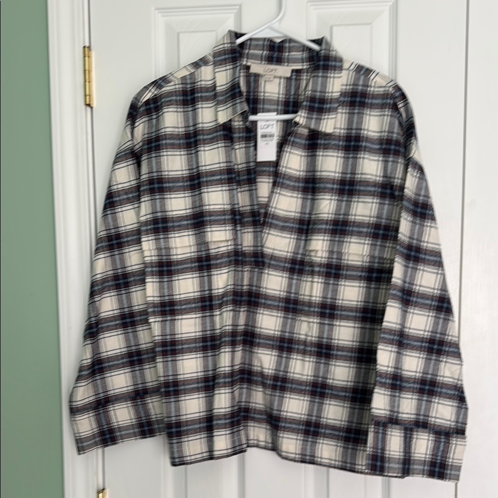 LOFT White and Blue Boxy Button Down Shirt